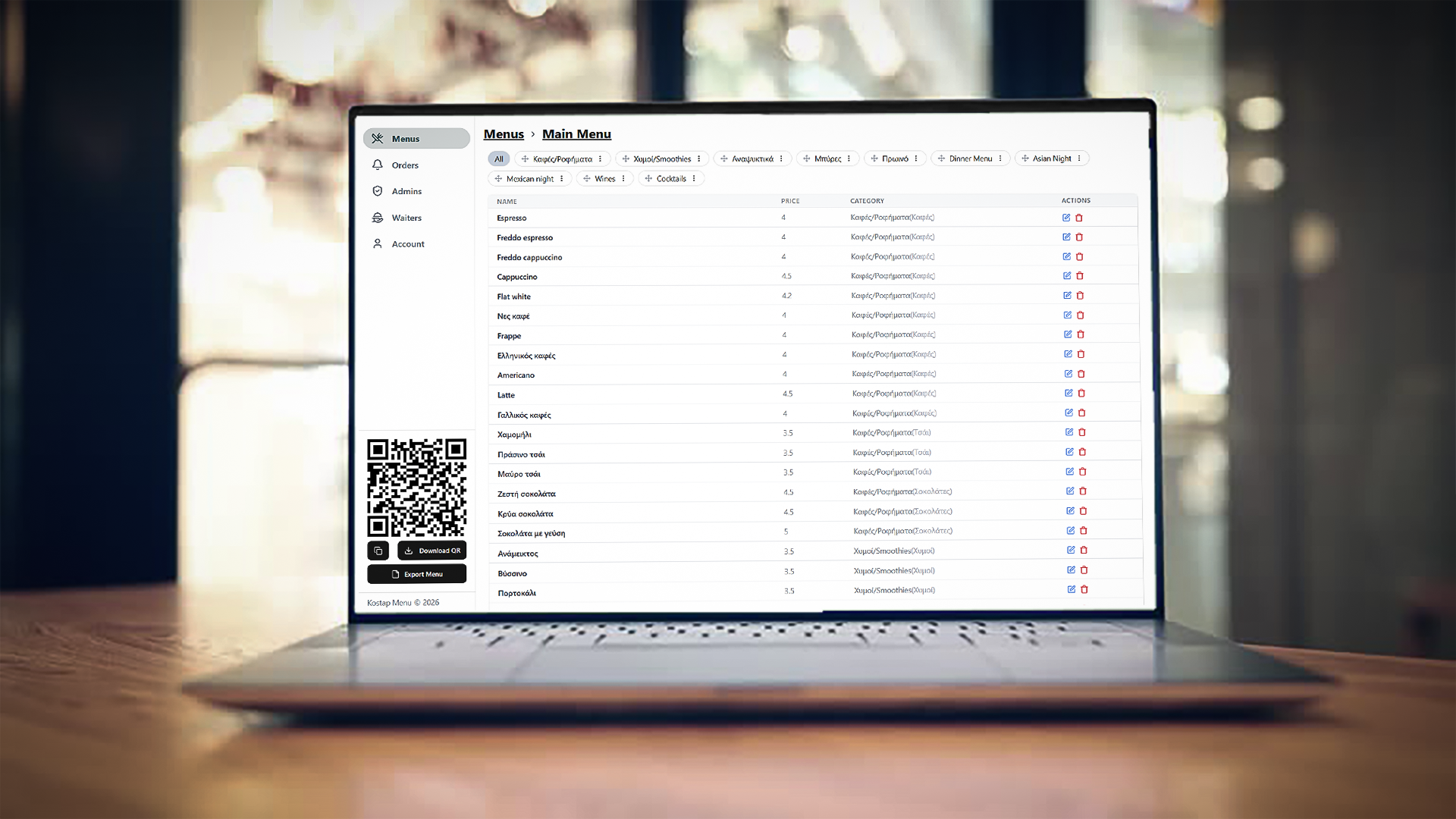 KosTap Menu interface