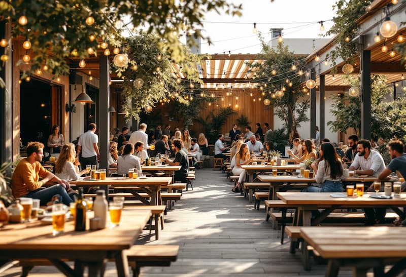Tourist restaurant terrace with QR table stands